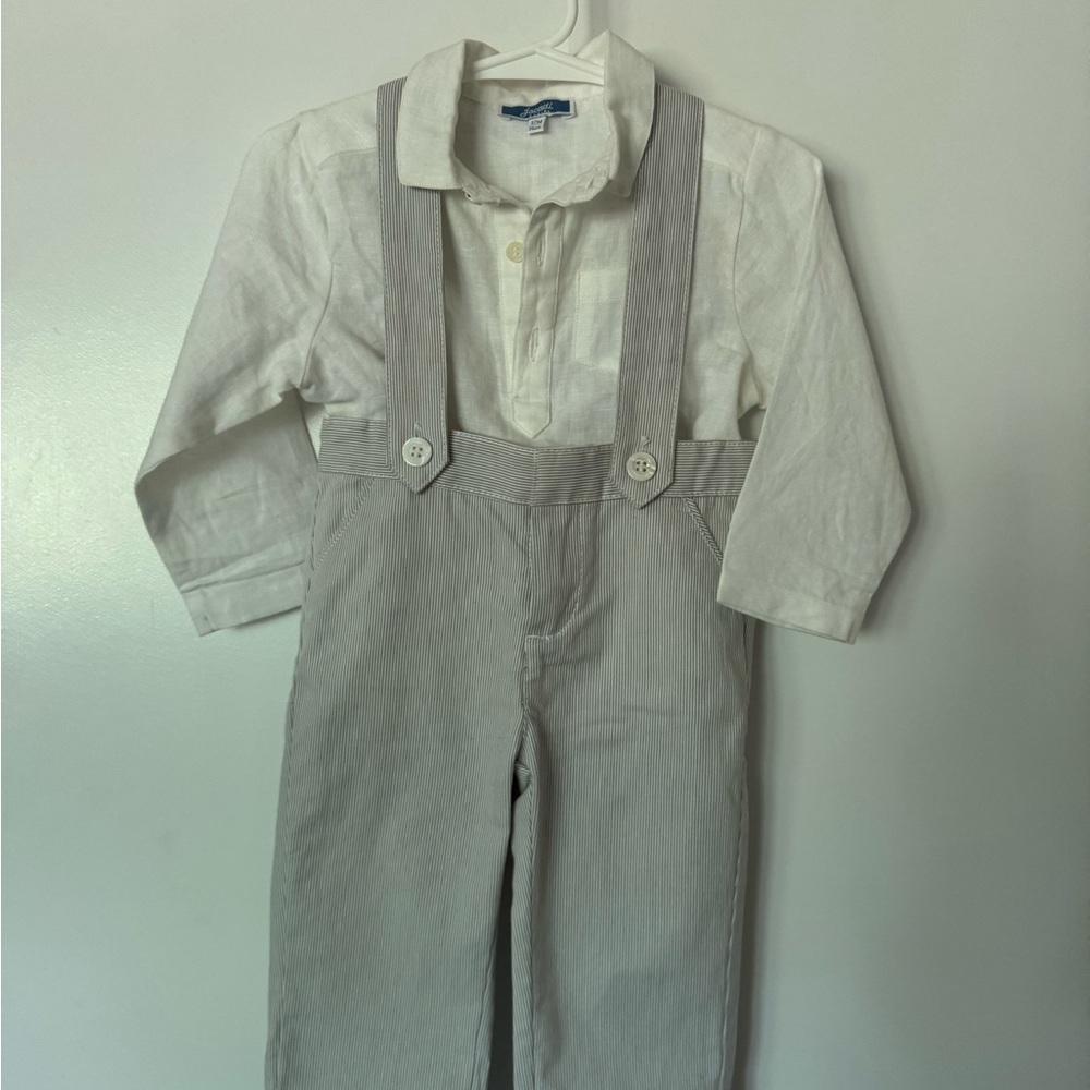 Jacadi 12M White and Gray Overalls Classic Bib Style